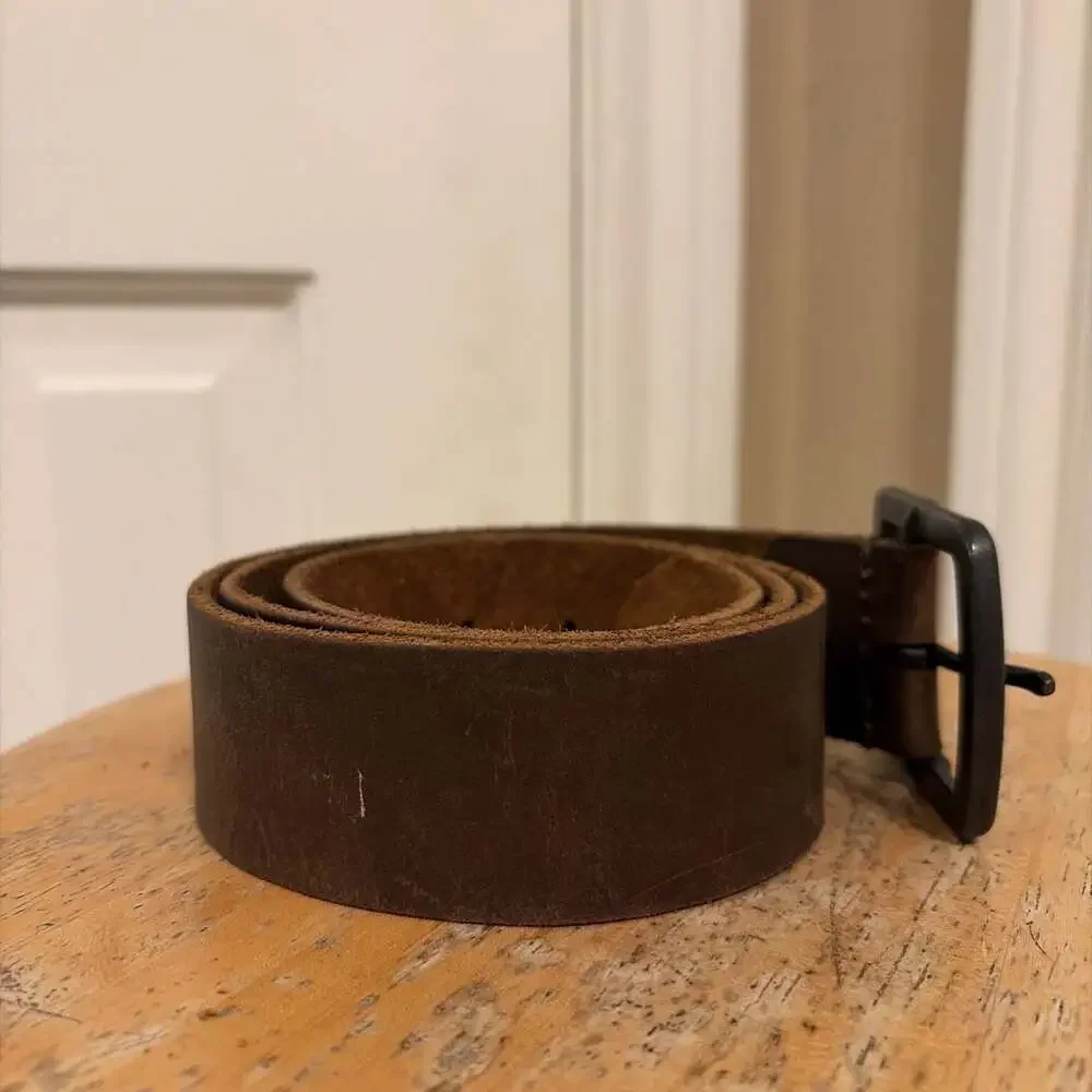 American Eagle Outfitters Men's Distressed Brown Leather Belt with Square Buckle